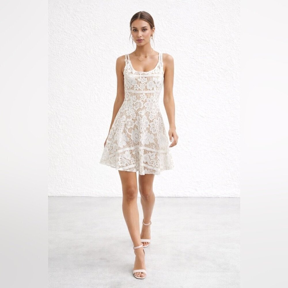 For Love & Lemons White Lace Fit Flare Sleeveless Dress Lined Boho Festival XS